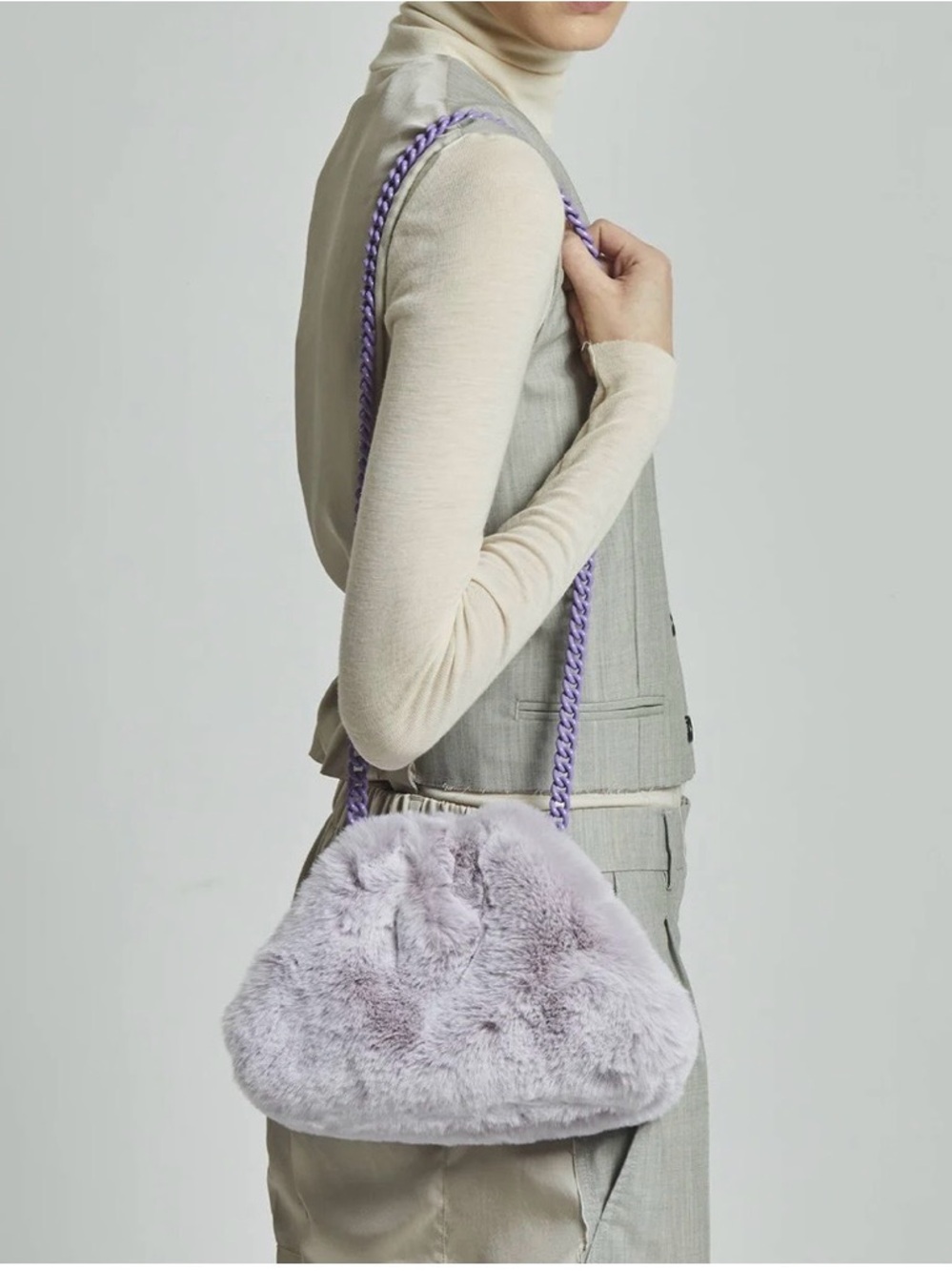 Plush Lavender Faux Fur Shoulder Bag with Braided Strap